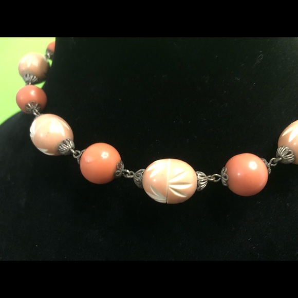 RARE Vintage Carved Bakelite Beaded with Sterling Silver Necklace - Picture 5 of 12